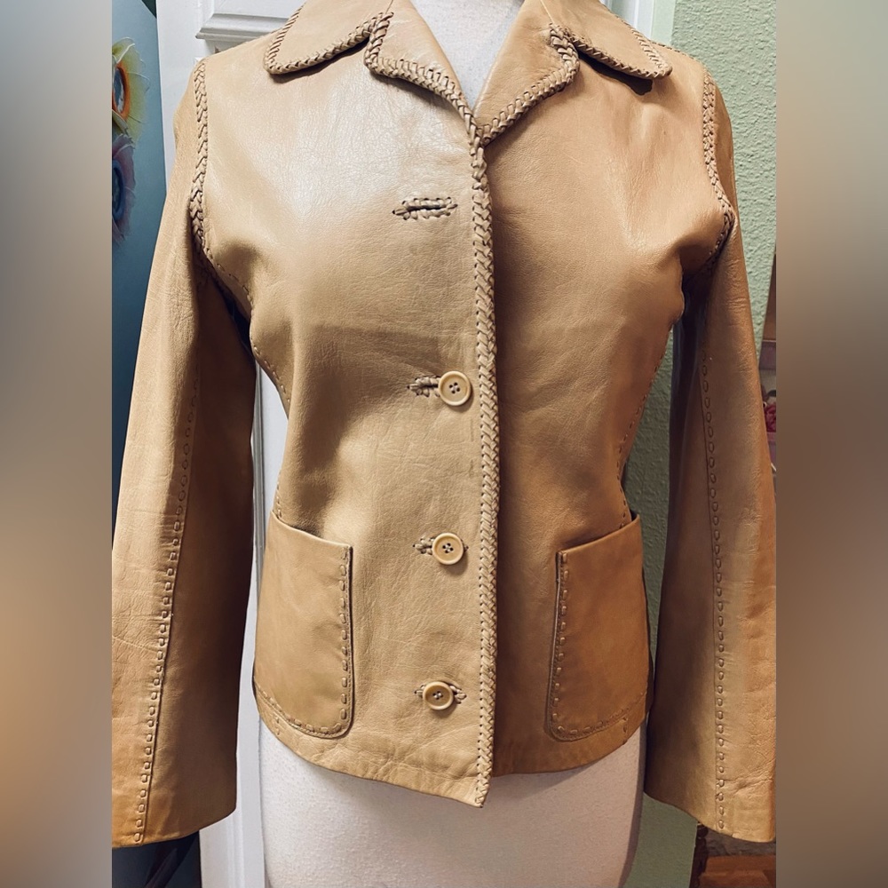 Ladies TRYST Tan Leather Jacket with Detailed Seams Pockets Lines Small/XS